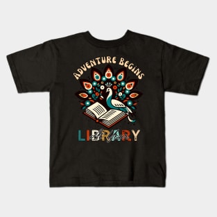 Adventure Begins At Your Library Summer Reading 2024 Peacock Read a Book Kids T-Shirt